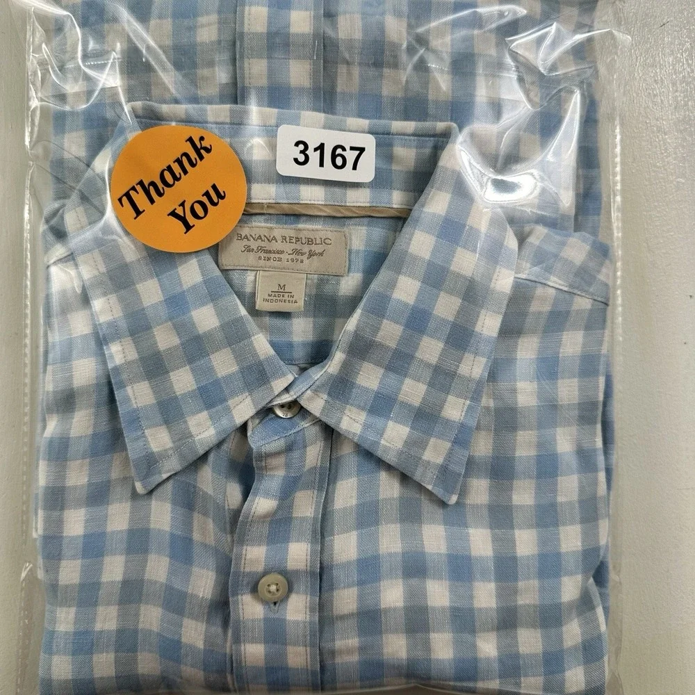 Banana Republic 100% Linen Shirt Men Medium White Blue Gingham Plaid Long Sleeve